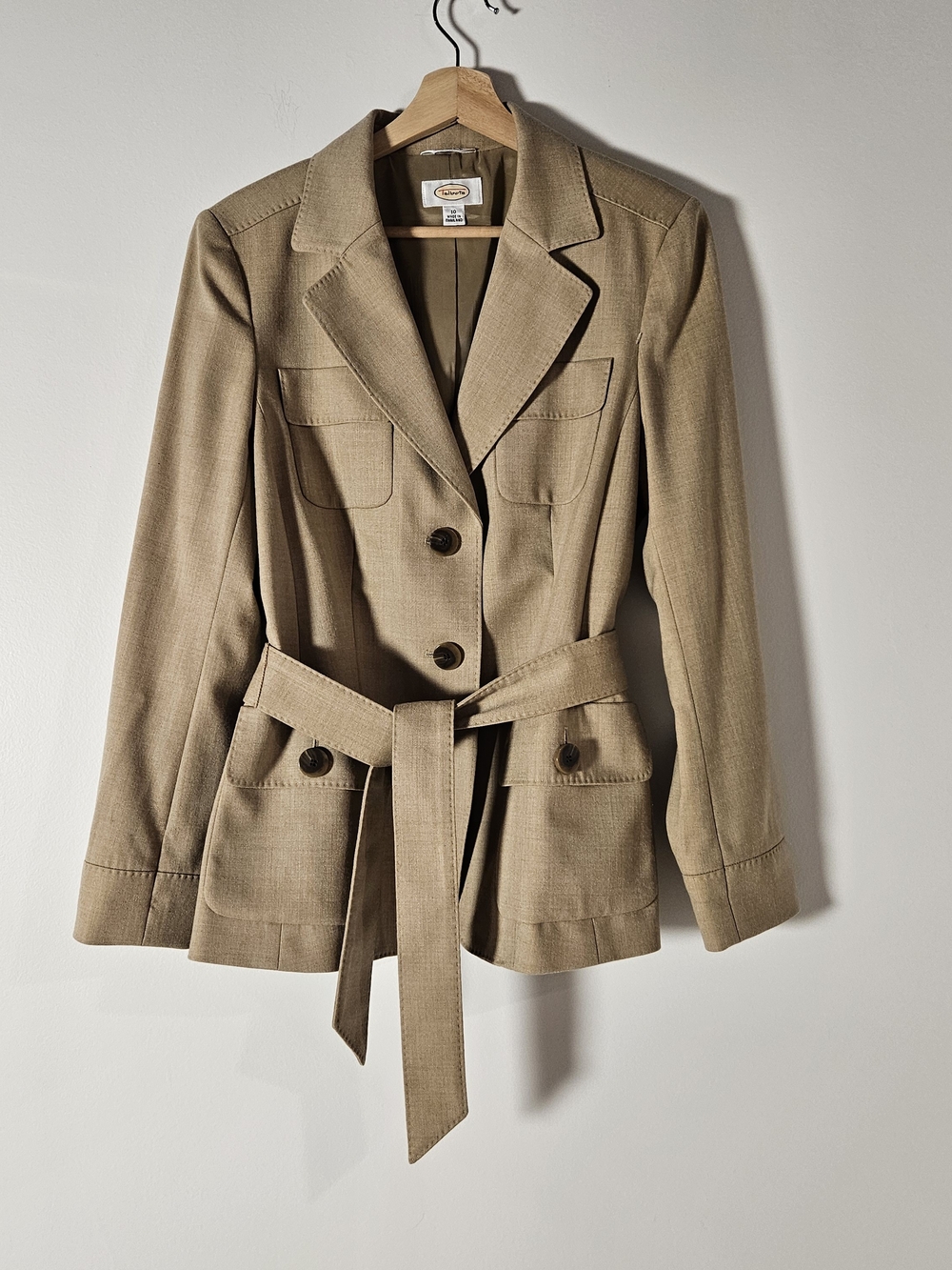 Talbots Tan Belted Safari Blazer Jacket Stretch Wool Blend Size 10